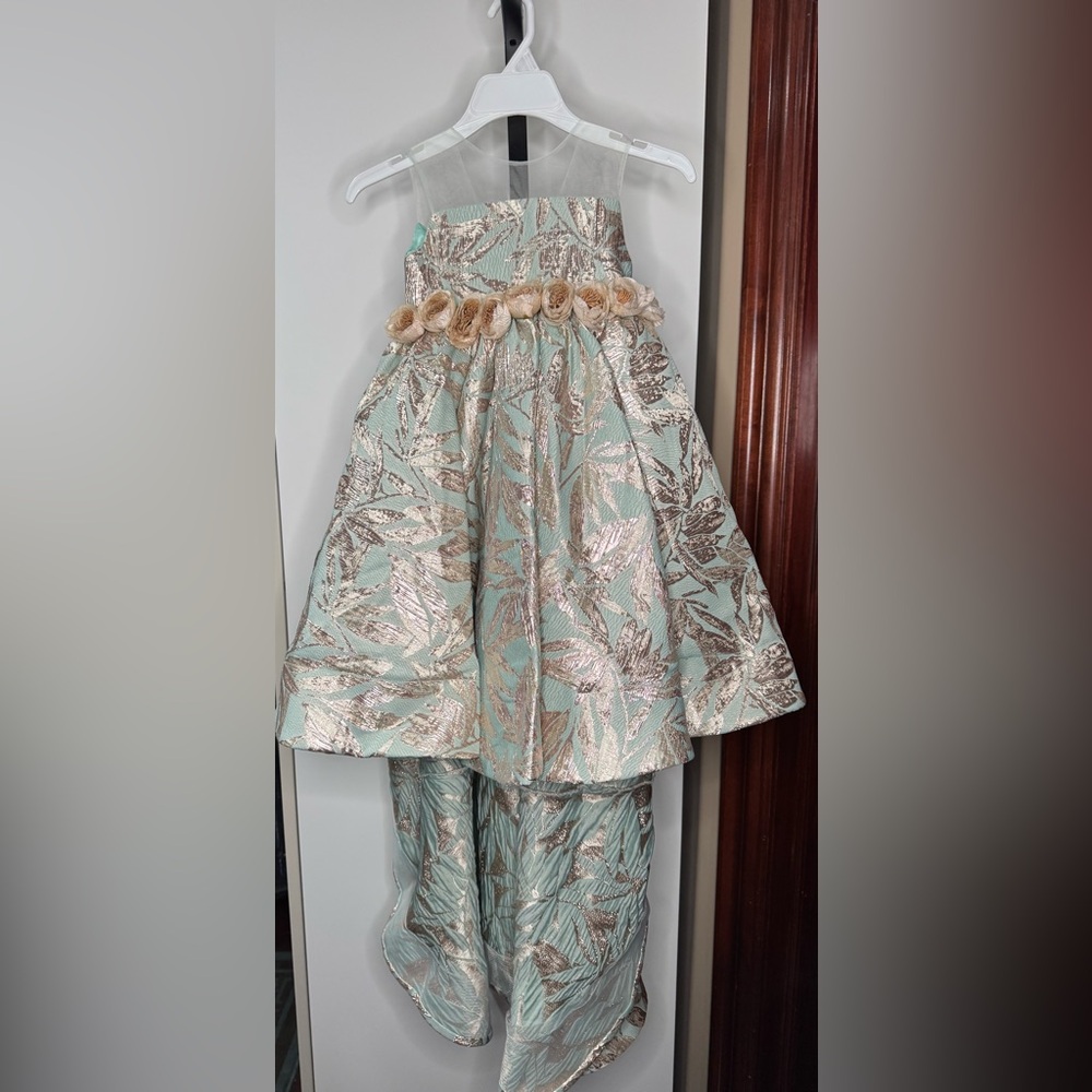 Handmade Elegant hi low with train Floral Dress with Gold Accents